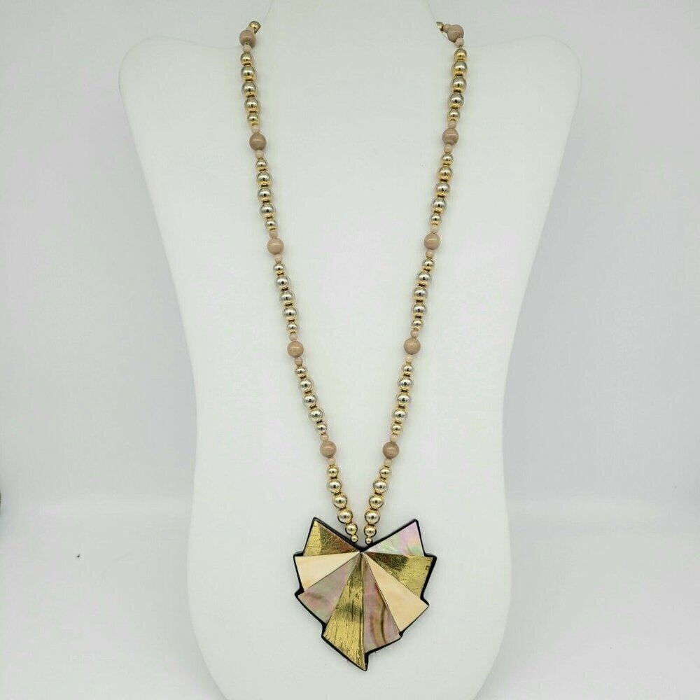 Vintage Carla Jordan Statement Necklace Thermoset 24"-27" Abalone Gold On Black - Picture 7 of 9